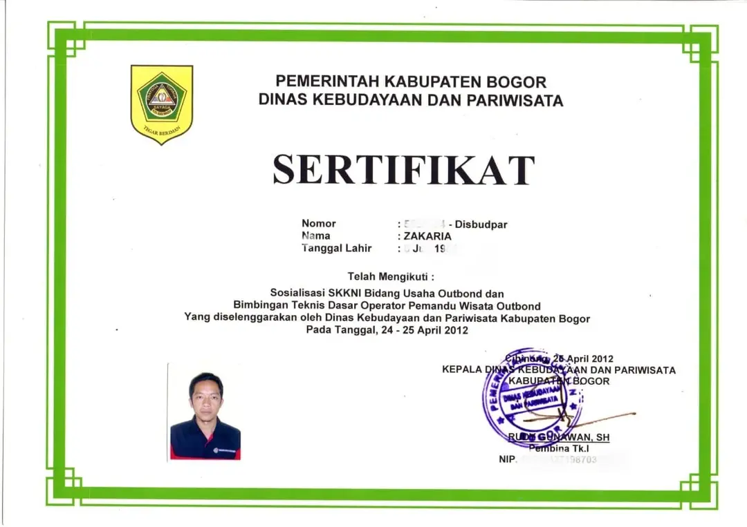 Sertifikat SKKNI Bidang Usaha Outbound Disbudpar Bogor